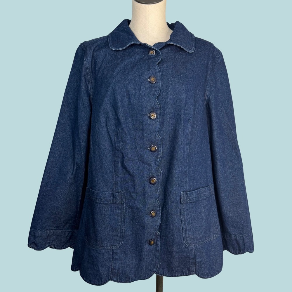 Roamans Denim Barn Coat Chore Jacket Scalloped Edge Blue Cotton Plus Size 20W